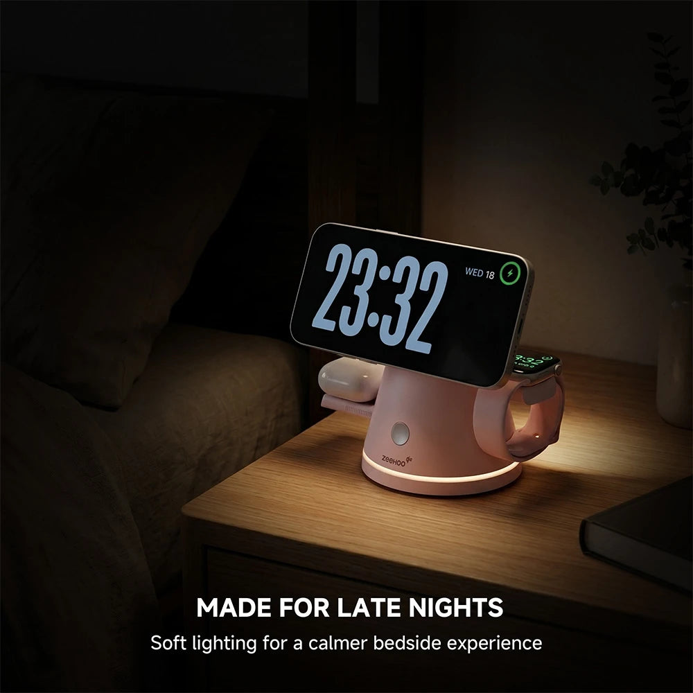 ZEEHOO LuminoCore pink 4-in-1 wireless charging station on a bedside table with soft ambient light feature, designed for comfortable late-night charging. #color_pink