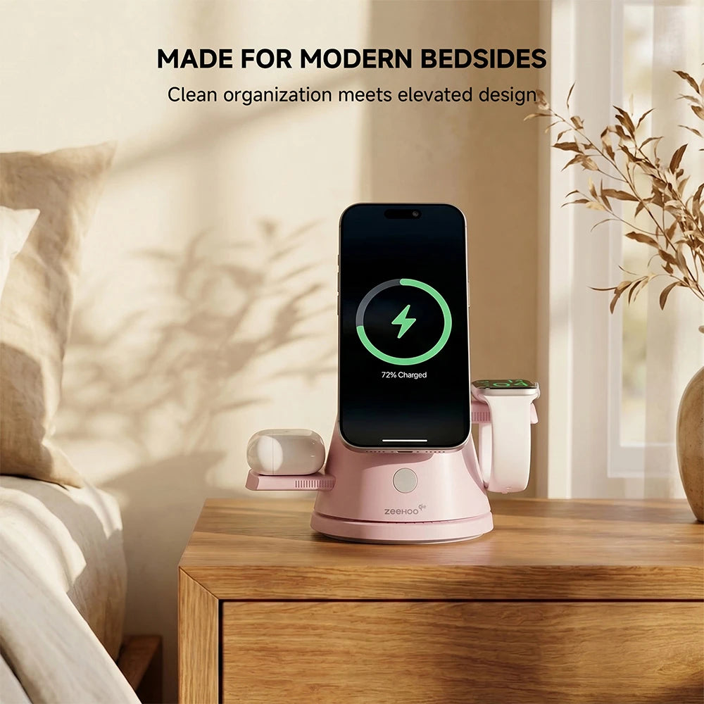 ZEEHOO LuminoCore pink 4-in-1 wireless charging station with smartphone charging in a bedroom setting, optimized for modern bedside convenience. #color_pink