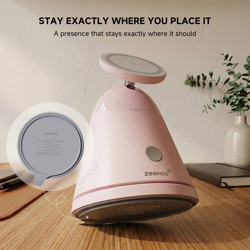 ZEEHOO LuminoCore pink and white 4-in-1 wireless charging station displayed on a wooden surface with ZEEHOO branding. #color_pink