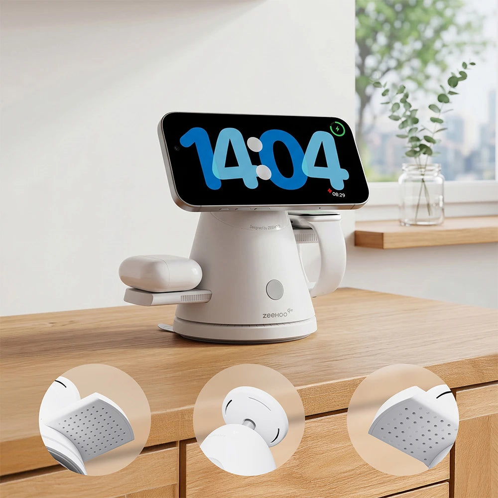ZEEHOO LuminoCore smartphone stand on a wooden surface with a phone displaying time, showcasing three heat dissipation structures below, engineered for stable and efficient charging performance.