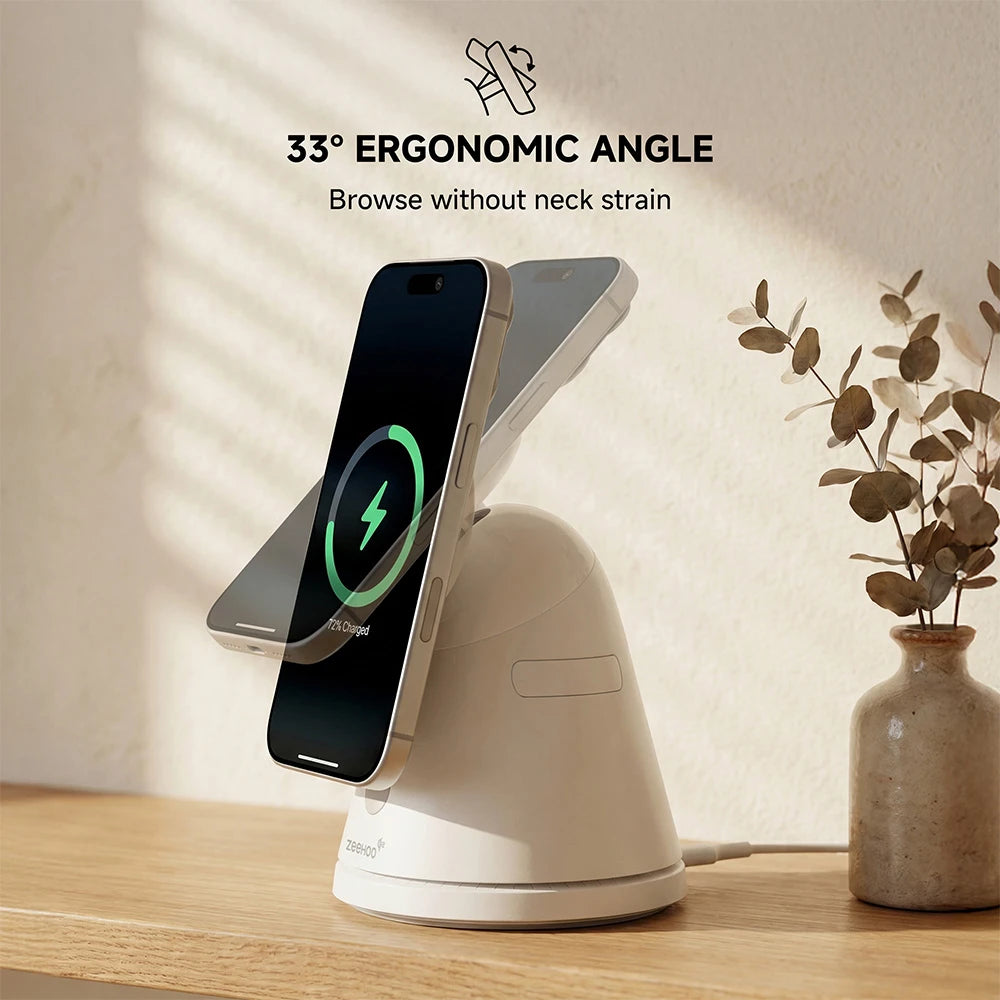 ZEEHOO LuminoCore white 4-in-1 wireless charging stand featuring ergonomic phone holder design on a wooden surface, with a vase and plant in a modern interior. #color_white