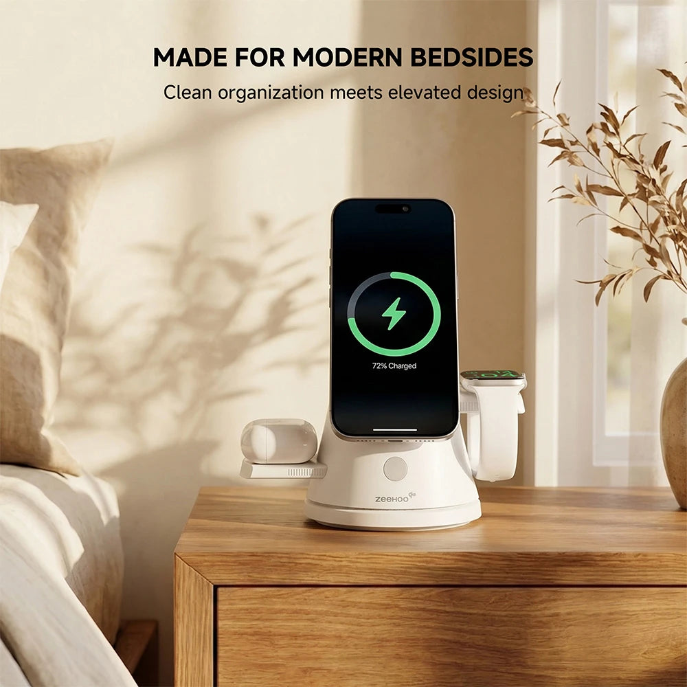 ZEEHOO LuminoCore white 4-in-1 wireless charging stand holding a smartphone in a bedroom setting, designed for modern bedside convenience. #color_white