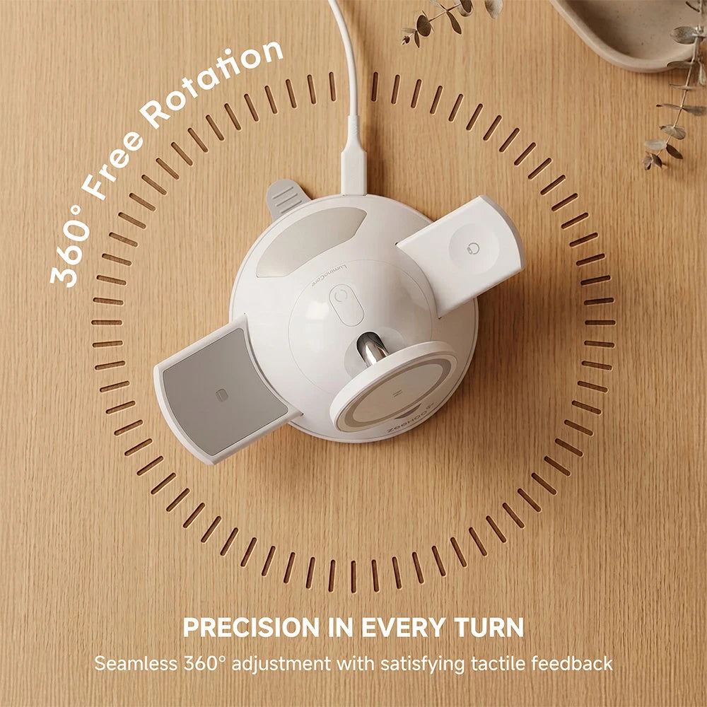ZEEHOO LuminoCore white 4-in-1 wireless charging station featuring 360-degree rotation, placed on a wooden surface for flexible positioning. #color_white