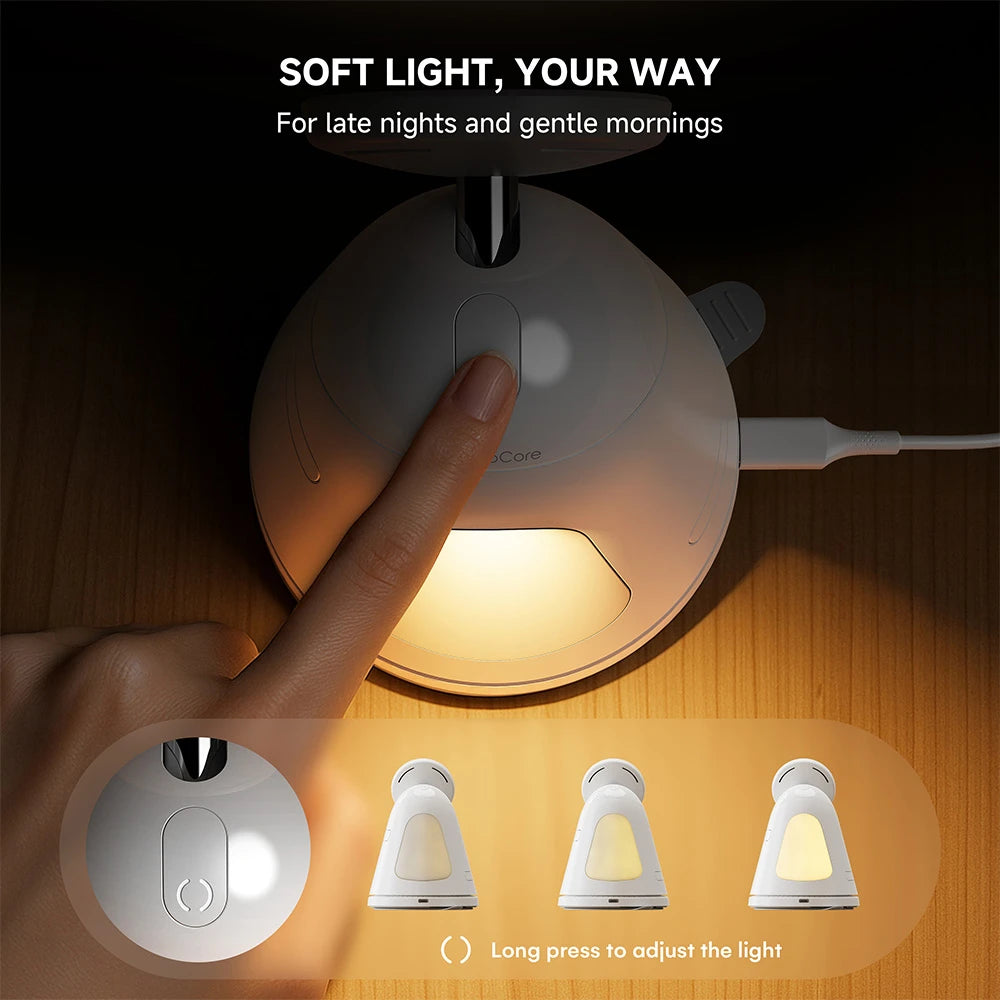 ZEEHOO LuminoCore white 4-in-1 wireless charging station featuring adjustable soft night light control, demonstrated with hand interaction on a dark background. #color_white