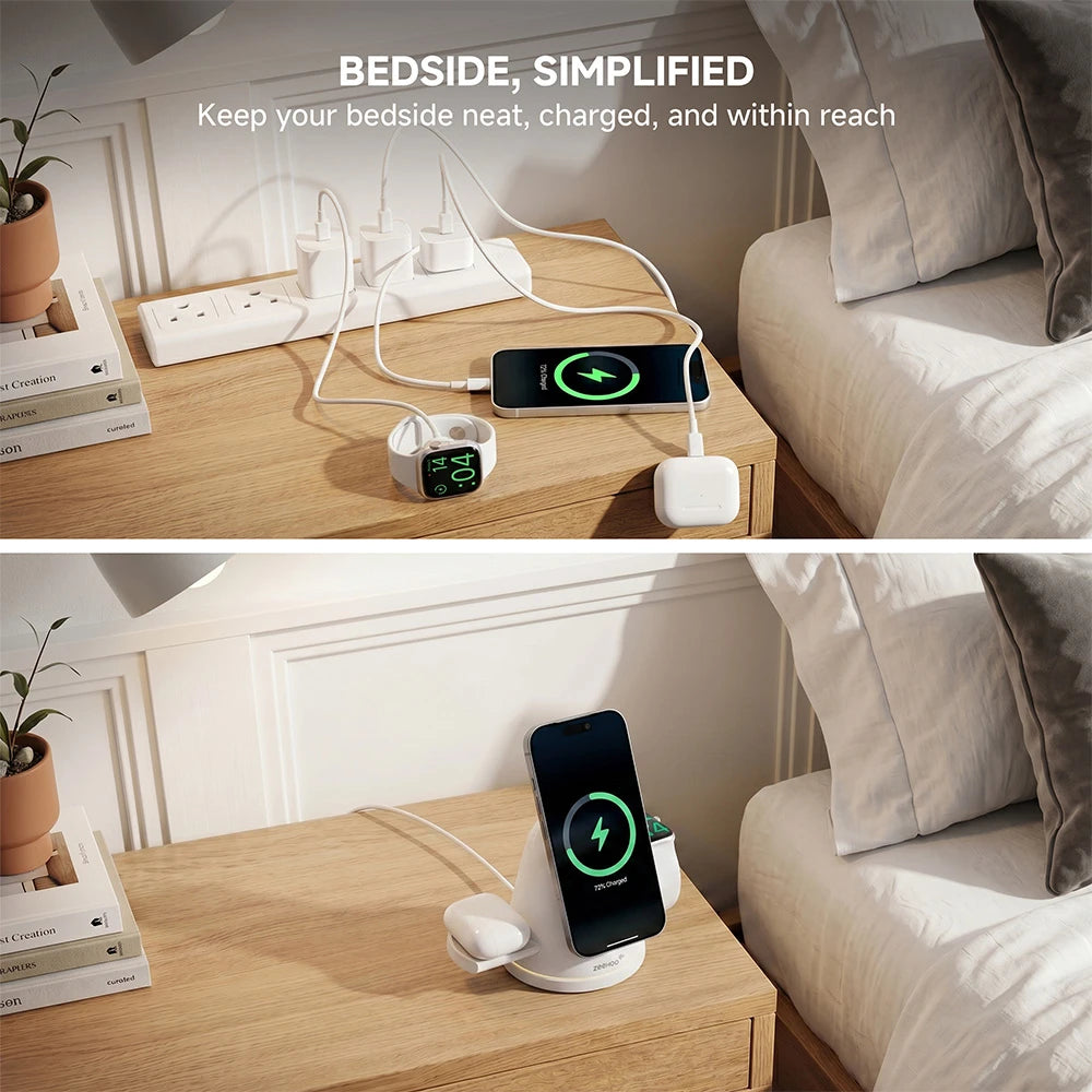 ZEEHOO LuminoCore white 4-in-1 wireless charging station on a bedside nightstand, charging a smartphone in a clean modern bedroom setup. #color_white