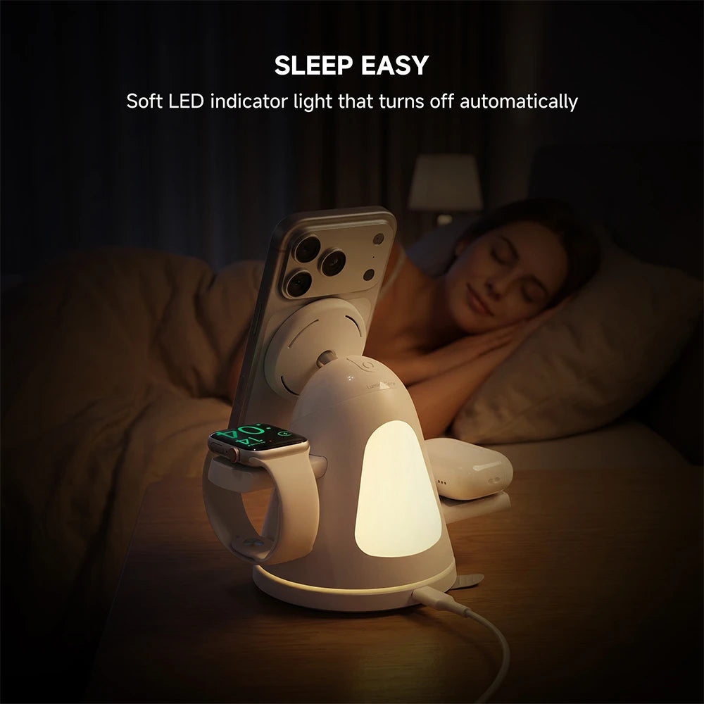 ZEEHOO LuminoCore white 4-in-1 wireless charging station on a bedside nightstand charging smartphone and smartwatch, with soft LED indicator light for nighttime use. #color_white