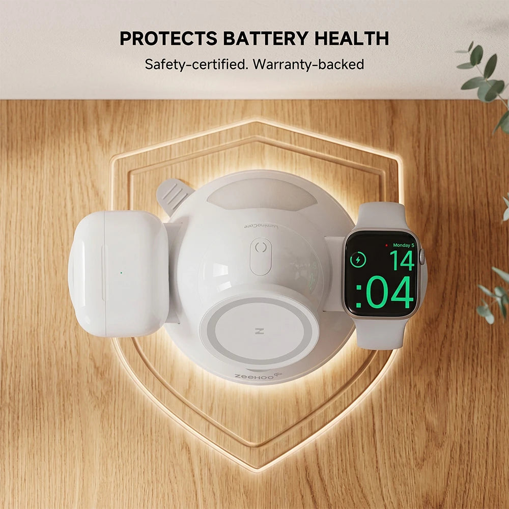 ZEEHOO LuminoCore white 4-in-1 wireless charging station with smartwatch on a desk, optimized for battery health protection and safe charging. #color_white