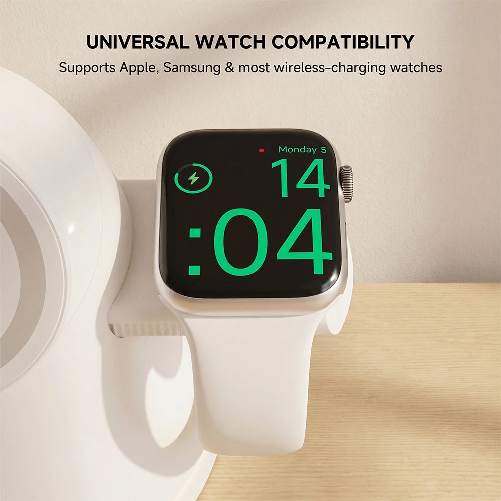 ZEEHOO LuminoCore white 4-in-1 wireless charging station with smartwatch on a wooden surface, featuring universal compatibility across devices. #color_white