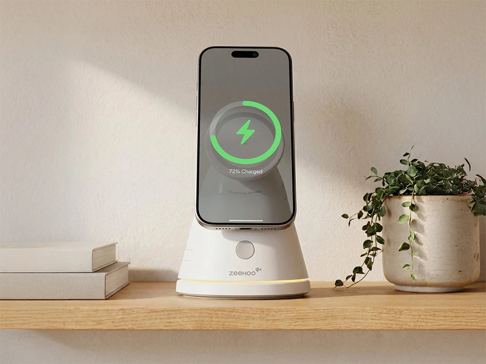 ZEEHOO LuminoCore wireless charging stand in the center with a smartphone charging on it, placed on a desk with a plant and books in the background, featuring official Qi2 certification for faster, safer, and more reliable magnetic charging compatible with all Qi-enabled phones.