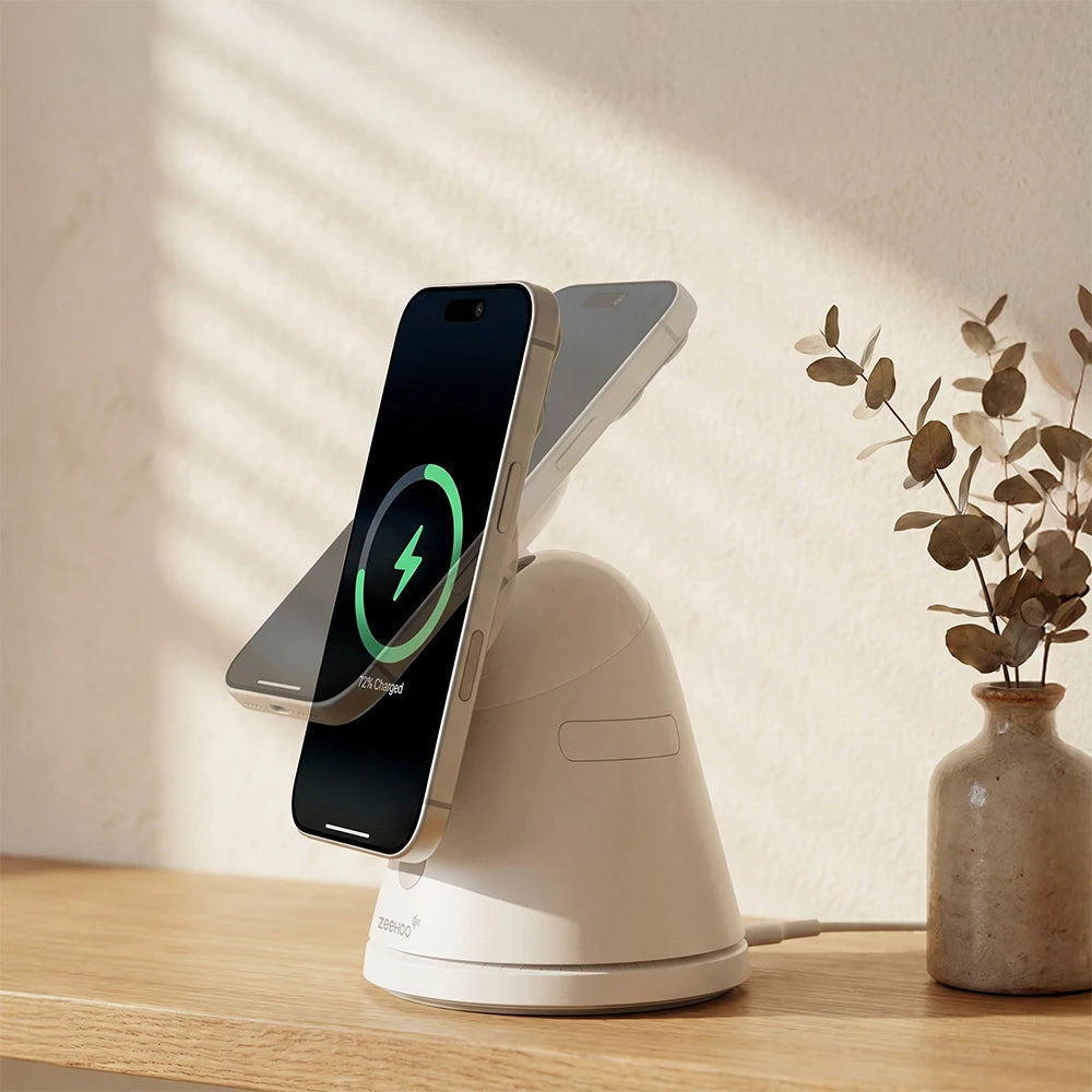 ZEEHOO LuminoCore wireless charging stand on a wooden surface with a smartphone, with a vase and plant in the background, keeping the screen at a comfortable viewing angle for browsing, watching, and daily use.