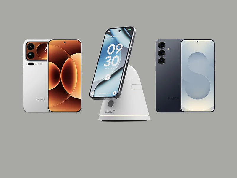 ZEEHOO LuminoCore wireless charging station compatible with iPhone, Samsung Galaxy and Xiaomi smartphones, magnetic wireless charger with adjustable viewing angle and universal Qi charging support.